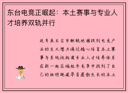 东台电竞正崛起：本土赛事与专业人才培养双轨并行